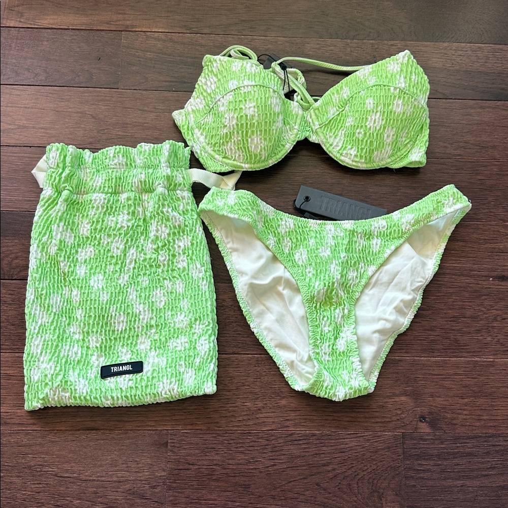 triangl swimwear Lime Green & White Smocked Bikini Set with Pouch